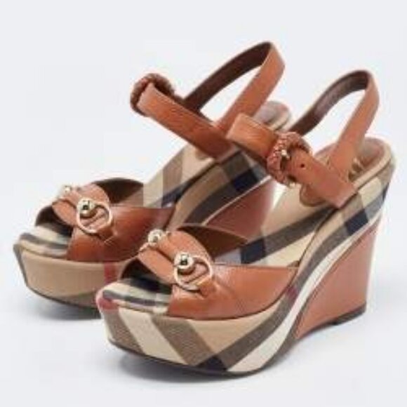 Authentic Burberry Brown Leather Nova Check Plaid Platform Wedge Heel 37 US/7 - Picture 2 of 13